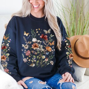 Cottagecore Floral Sweater with FRONT & SLEEVES Design, Boho Floral Sweatshirt, Wildflowers Crewneck, Botanical Shirt, Garden Lover Gift
