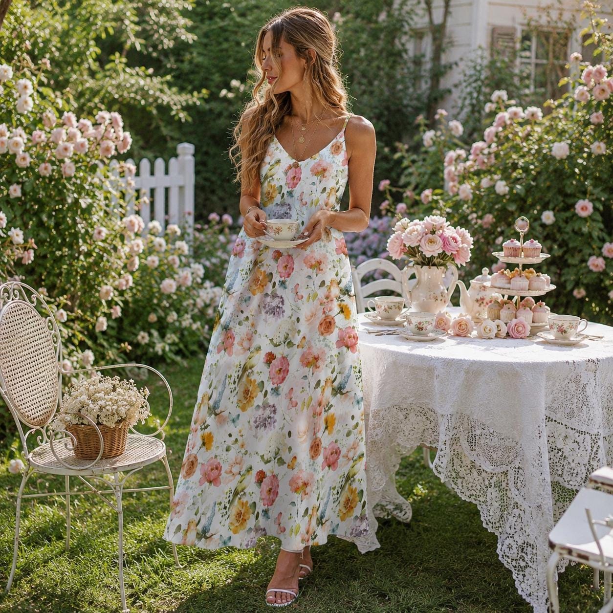 sachin and babi light blue dress Romantic Floral Maxi Dress, Cottagecore Sundress With Birds & Flowers,  Garden Party Dress, Boho Summer Dress, Soft Girl Aesthetic Outfit