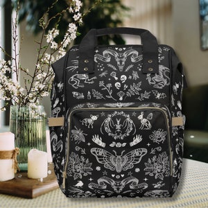 GOTHIC Diaper Backpack with Skeleton Moth & Flowers, WITCHY Multipurpose Backpack, MYSTICAL Creatures Backpack, Animal Sculls Whimsigoth Bag