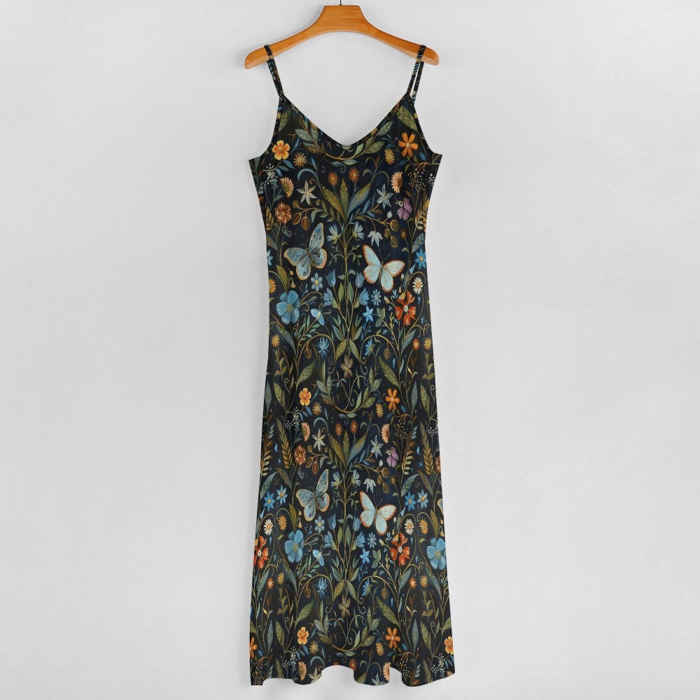 DARK FLORAL Maxi Sun Dress, Cottagecore Butterfly Ankle