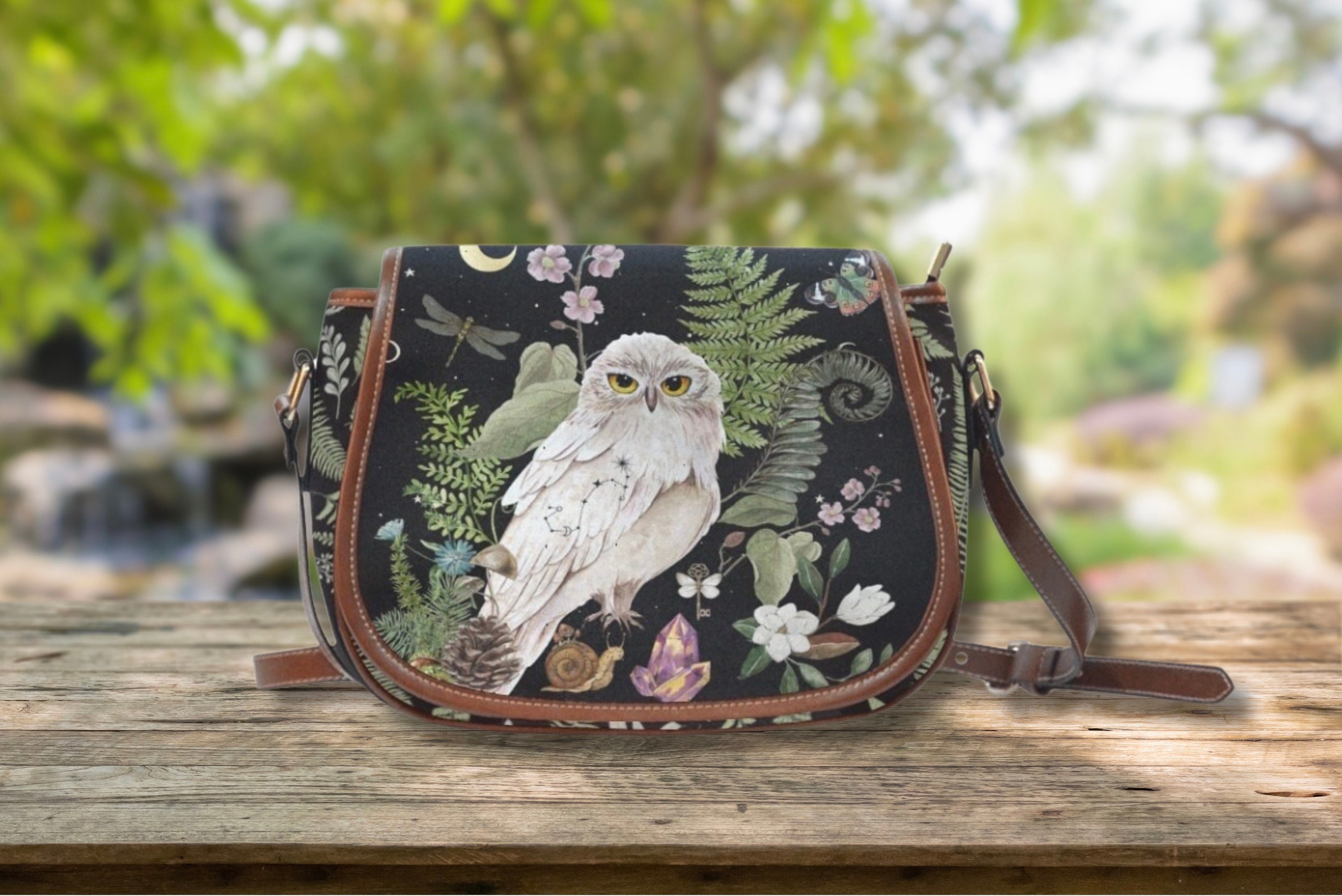 MYSTICAL SNOWY OWL Cottagecore Crossbody Saddle Bag White Floral Owl Small Shoulder Bag for Nature L