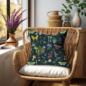 MAGICAL WOODLAND Premium Throw Pillow with with Owl Animals Butterflies Mushrooms & Fern, Dark Cottagecore Botanical Cushion, Forest Pillow