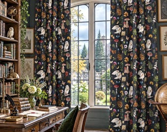 HERBOLOGY Window Curtains (1 piece), Magical Forest Blackout Drapes with Owl Mandrake root Mushrooms Spellbound Plants Dry Flowers & Fern