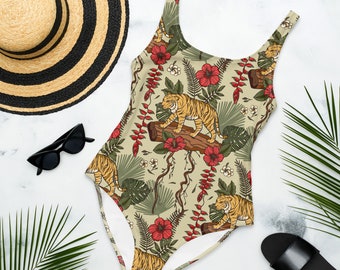 Maiô Tropical RETRO TIGER para Mulheres Selvagens e Livres, Maiô com Estampa de Animais da Selva, Roupa de Banho com Tema de Animais da Selva Tropical