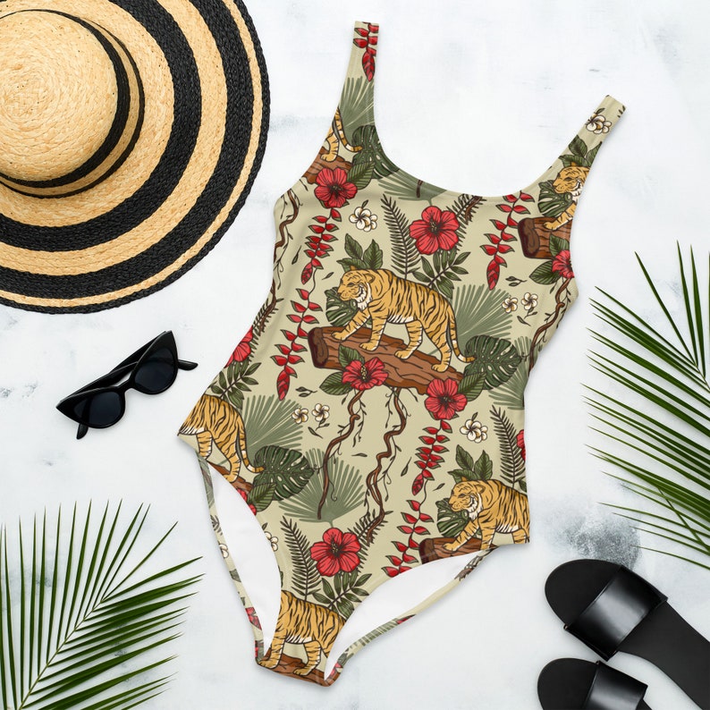 RETRO TIGER Tropical Swimsuit for Wild and Free Ladies, Safari Animal Swimming Suit, Tropical Jungle Wildlife Bathing Suit