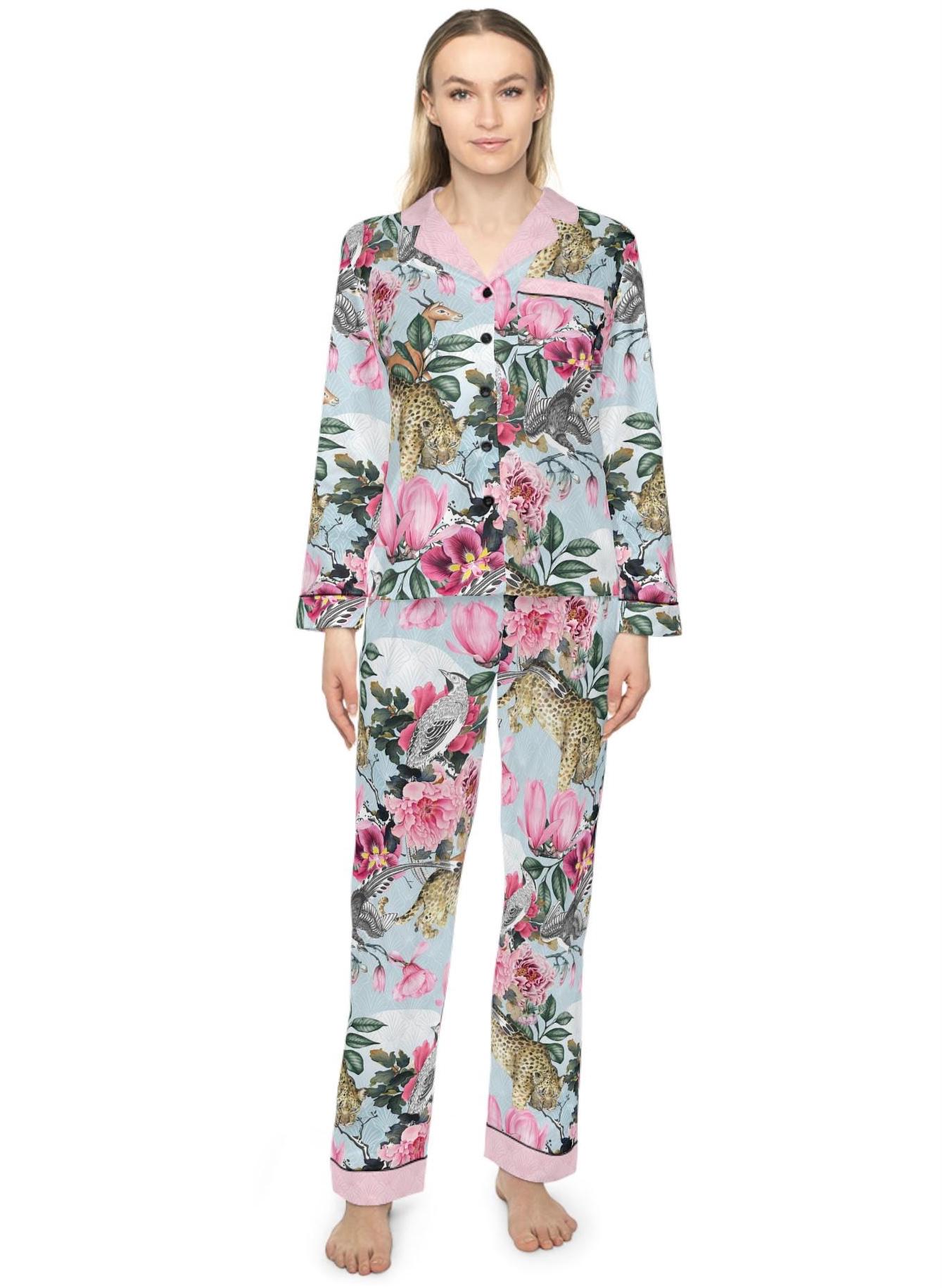 TROPICAL JUNGLE Women 2pcs Satin pajama set with exquisite flowers wild animals & birds, JAGUAR Silky Long Sleeve Shirt and Pants Loungewear