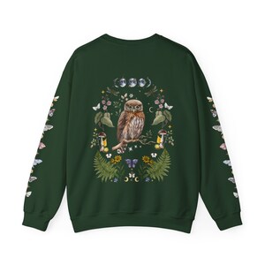 MYSTICAL WOODLAND Sweatshirt with Owl design on the back Frog on the front and Butterflies on Sleeves, Cottagecore Sweater for Nature Lovers Forest Green