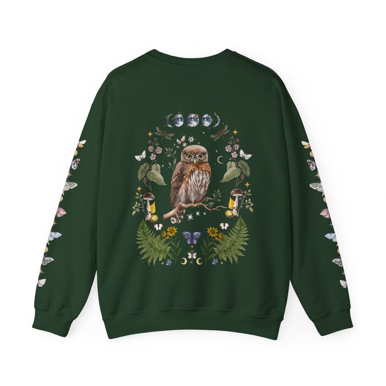 MYSTICAL WOODLAND Sweatshirt with Owl design on the back Frog on the front and Butterflies on Sleeves, Cottagecore Sweater for Nature Lovers Forest Green