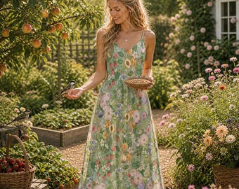FRUIT GARDEN Sling Dress, Cottagecore Sunress, Pastel Flowers Fruits & Berries Long Dress, Garden Party Dress, Boho floral Summer Maxi Dress