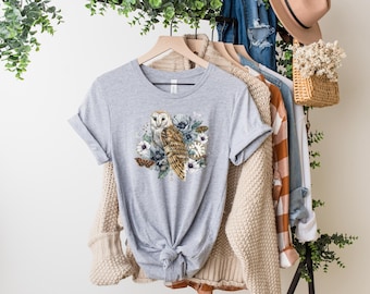 FLORAL OWL T-shirt, Barn Owl Shirt, Forest Bird Tee, Cottagecore T-shirt, Bird Watchers Gift, Nature Lover Shirt, Fall Autumn clothing