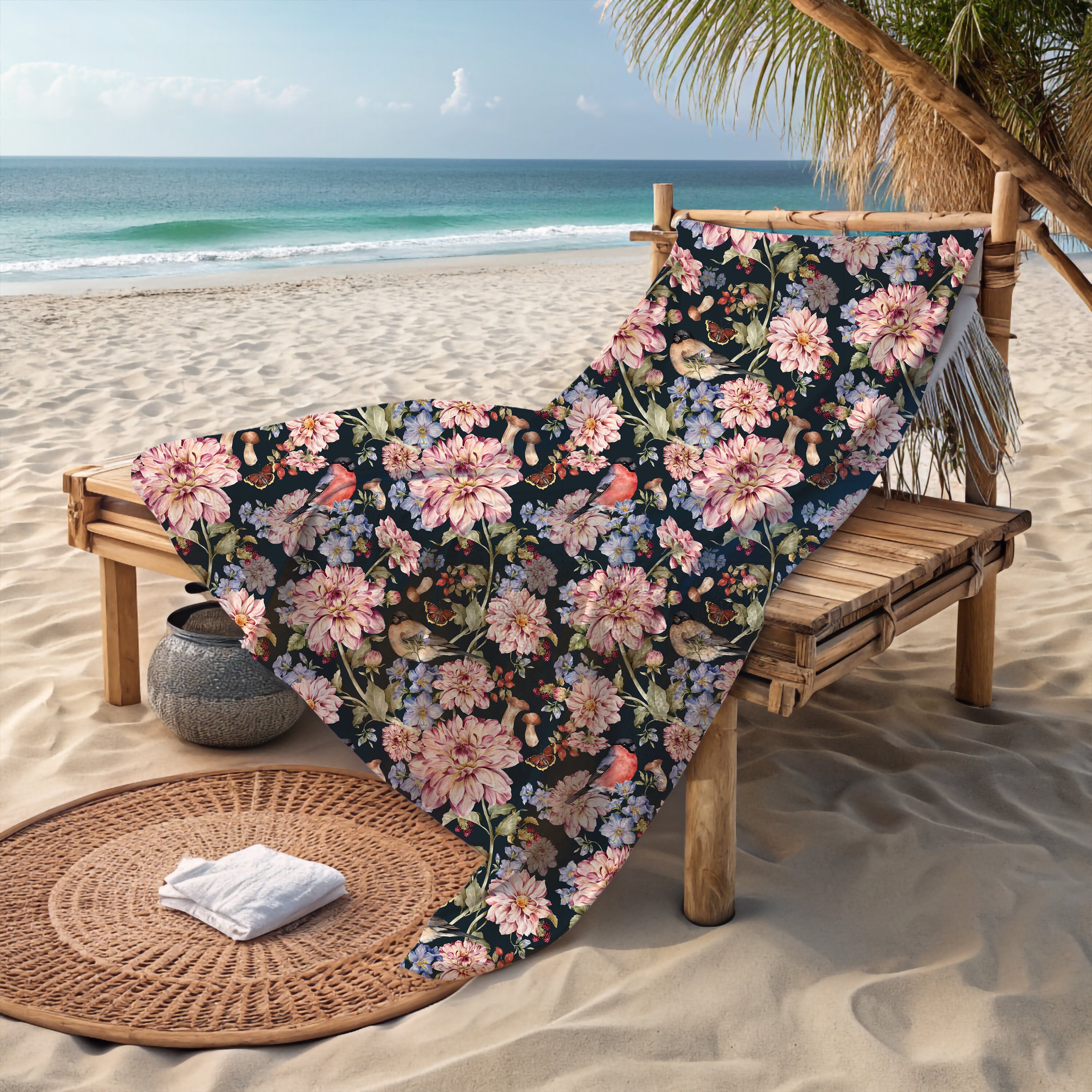 コテージコア フローラルバード バスタオル、菊の花 ビーチタオル