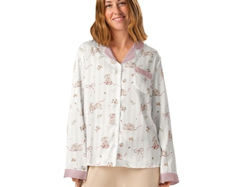 Girly Pink Coquette Bunnies Women’s Long Sleeve Satin pajama shirt, Cute Floral Rabbits Silky Shirt, Cottagecore Bunny Loungewear Shirt