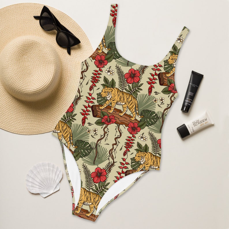 RETRO TIGER Tropical Swimsuit for Wild and Free Ladies, Safari Animal Swimming Suit, Tropical Jungle Wildlife Bathing Suit