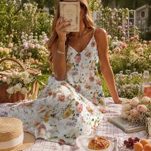 Romantic Floral Maxi Dress, Cottagecore Sundress with Birds & Flowers, Garden Party Dress, Boho Summer Dress, Soft Girl Aesthetic Outfit