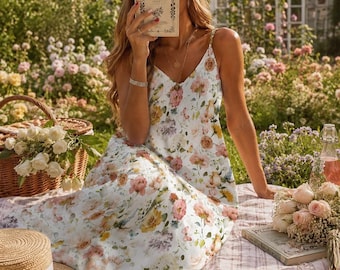 Romantic Floral Maxi Dress, Cottagecore Sundress with Birds & Flowers, Garden Party Dress, Boho Summer Dress, Soft Girl Aesthetic Outfit