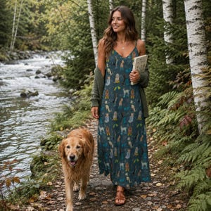 CUTE DOGS Sling Dress, Rain Puppies Ankle Length Sling Dress, Garden Party Style Maxi Dress, Cottagecore Sundress, Dog Mama Gift, Fall Dress immagine 2