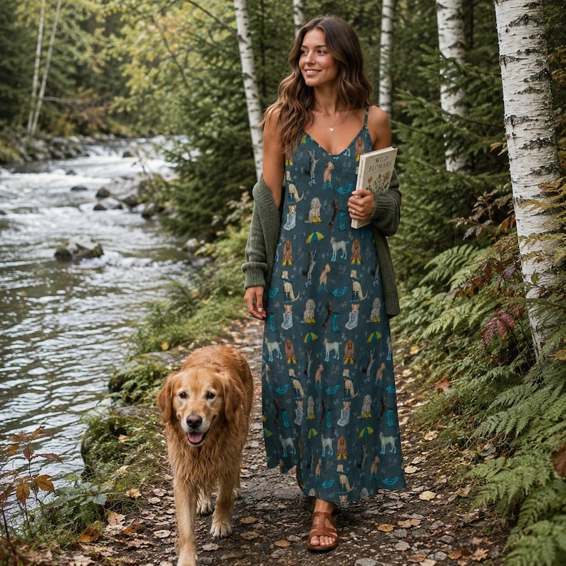 CUTE DOGS Sling Dress, Rain Puppies Ankle Length Sling Dress, Garden Party Style Maxi Dress, Cottagecore Sundress, Dog Mama Gift, Fall Dress immagine 2