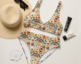 Retrostil REGNBÅGAR Glad Hippie Glasögon Prästkragar Högmidjad Bikini Blommiga Regnbågar Fredstecken Groovy Trippy Baddräkt Trendig Baddräkt