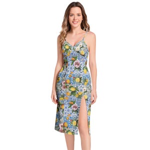 MALTA Split Thigh V-Neck Cami Dress, Italian Blue tiles Midi Length dress with Flowers Lemons & Fruits, Sicily Dress, Mediterranean dress