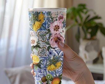 MALTA 20 oz Tumbler, ITALY themed Tumbler with Mediterranean tiles Flowers Lemon and Fruits, Sicily inspired Insulated Travel Mug with lid
