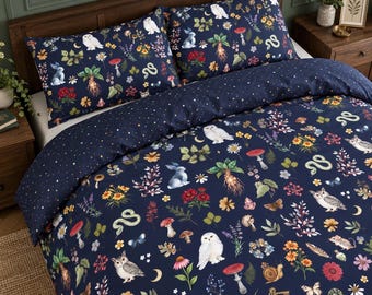 Woodland Wizard 3 piece Duvet Cover Set, Magical Forest Decor, Dark Academia Bedding set, Cottagecore Gift for Book Lovers