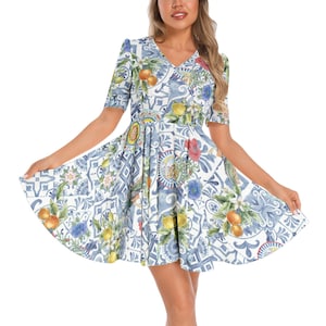 La DOLCE VITA Short Sleeve Ruched Bust Flared Hem Dress, Mediterranean Tiles Citrus & Flowers Mini Dress, Italian Blue Mosaic Summer Dress