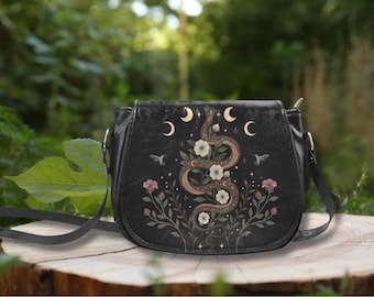 SERPENT SPELL Crossbody Saddle Bag, Mystical Serpentine PU Leather Bag, Floral Snake Shoulder Bag, Mystical Witchy Messenger Bag