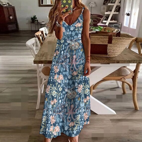 FLORAL TURTLE Summer Vacation Dress, Ocean Animals Maxi Dress, Octopus  Sundress, Spaghetti Straps Ankle Length Dress, Ocean Lovers Gift - Etsy