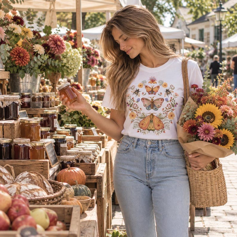 Cottagecore Aesthetic Moth Boho Butterflies Floral Bees Cozy Fall T-shirt for Nature Lovers and Plant Ladies Gift, Autumn Fairy Garden Shirt image 4