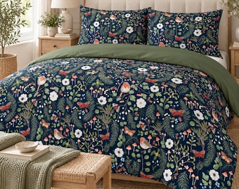 Woodland Duvet Cover Set, Botanical Forest Bedding, Cottagecore Bedroom Decor, Robin Bird Floral Comforter Cover, Nature Inspired Bedding