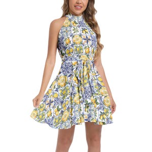MEDITERRANEAN Ruffle Hem Belted Halter Dress, Italian Blue Mosaic tiles & Lemon Midi Dress, Citrus Sundress, Italy inspired Party Dress