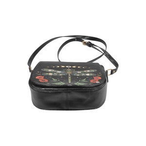 DRAGONFLY Vegan Leather Bag, MYSTICAL Crossbody Saddle Bag with Floral Dragonfly Moon Phases & Red Poppies print, Boho Witchy Shoulder Purse image 5