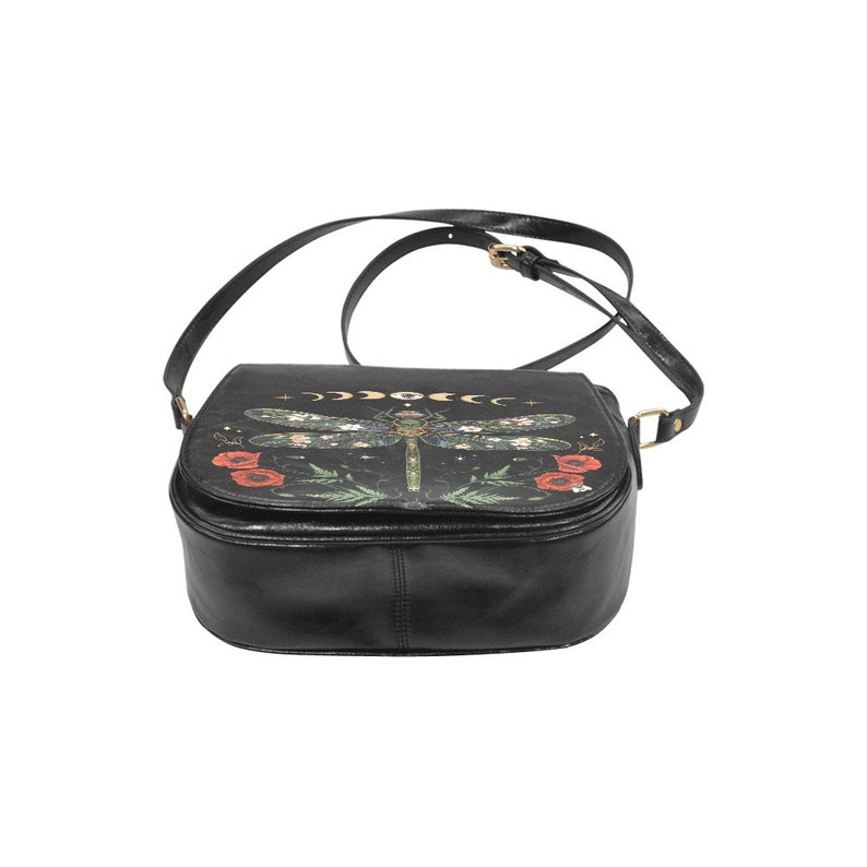 DRAGONFLY Vegan Leather Bag, MYSTICAL Crossbody Saddle Bag with Floral Dragonfly Moon Phases & Red Poppies print, Boho Witchy Shoulder Purse image 5