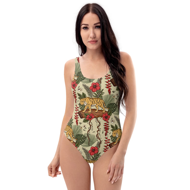 RETRO TIGER Tropical Swimsuit for Wild and Free Ladies, Safari Animal Swimming Suit, Tropical Jungle Wildlife Bathing Suit