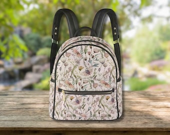 PRESSED FLOWERS Small Vegan Leather Backpack, COTTAGECORE Backpack, Floral Moth & Wildflowers Bag, Botanical Purse, Wild Meadow Backpack