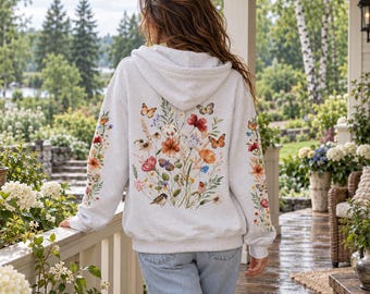 Wildflower Zip up Hoodie, Floral Sleeve Hooded Sweatshirt, Garden Lover Gift, Cottagecore Jacket, Nature Lover gift, Botanical Hoodie