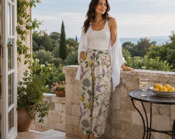 FLORAL BIRDS Casual Loose Boho Trousers, Lemons Carrot Pants