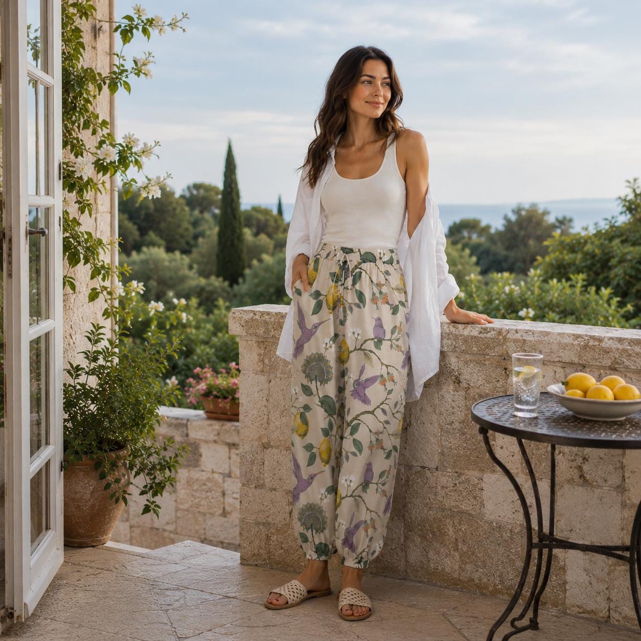 FLORAL BIRDS Casual Loose Boho Trousers, Lemons Carrot Pants