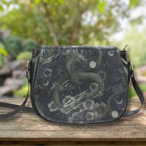 MYSTICAL DRAGON Crossbody Saddle Bag, Fantasy Dragon Shoulder Bag, Black Vegan Leather Bag, Whimsigoth Messenger Bag, Gothic Crossbody Bag