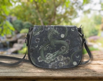 MYSTICAL DRAGON Crossbody Saddle Bag, Fantasy Dragon Shoulder Bag, Black Vegan Leather Bag, Whimsigoth Messenger Bag, Gothic Crossbody Bag