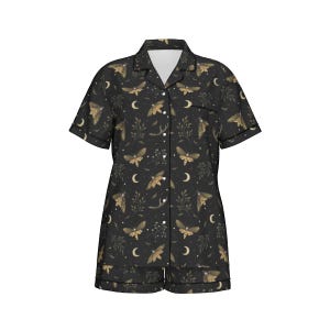Death's Head HAWKMOTH 2 pcs Pajama set, Mystical Witchy satin pj set, Gothic Women’s short sleeve sh image 3