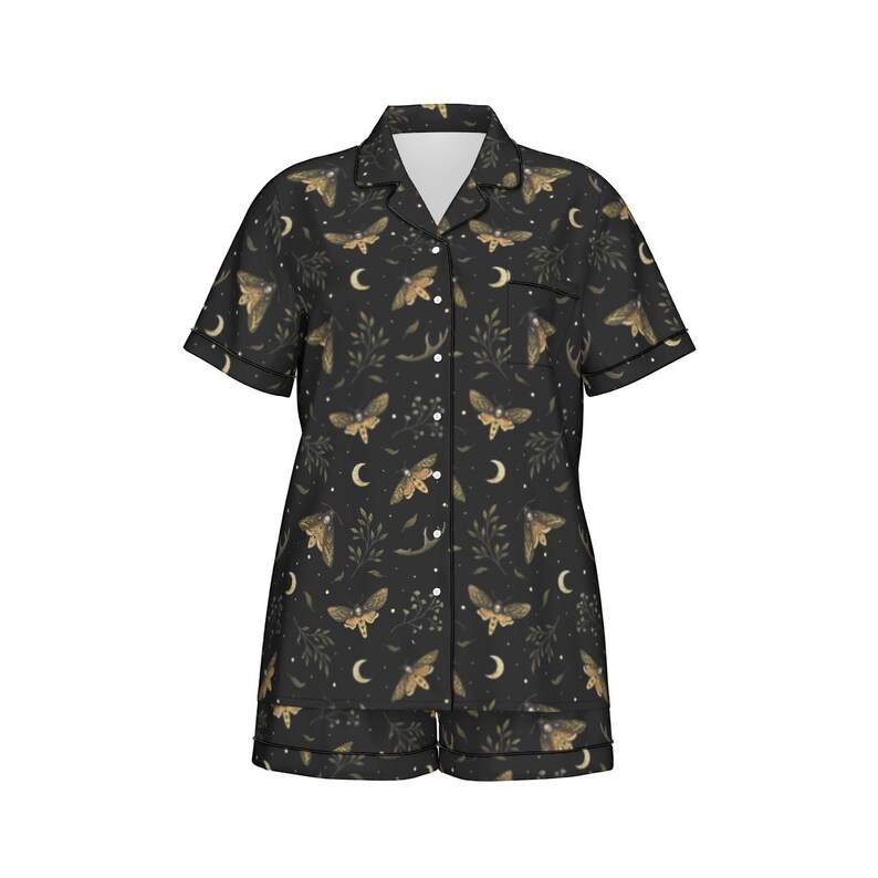 Death's Head HAWKMOTH 2 pcs Pajama set, Mystical Witchy satin pj set, Gothic Women’s short sleeve sh image 3