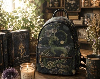 Mini plecak Dragon, plecak Whimsigoth, torba dla wiedźmiej miłośniczki książek, prezent dla czytelnika fantasy, plecak Dark Fairy Grunge, torba Dragon Floral