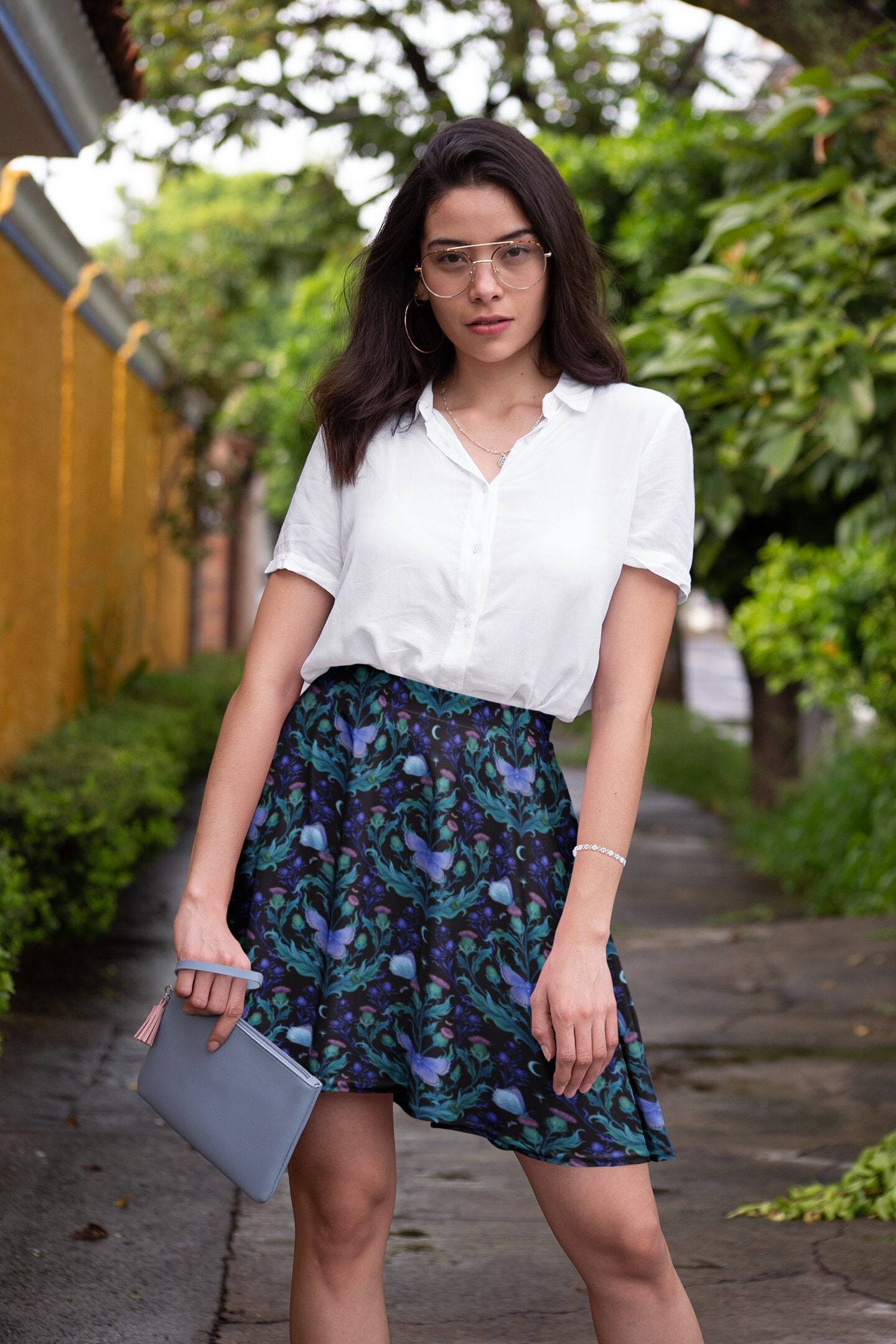 MAGICAL Blue MOTH & THISTLE Skater Skirt, Nature Inspired Skirt