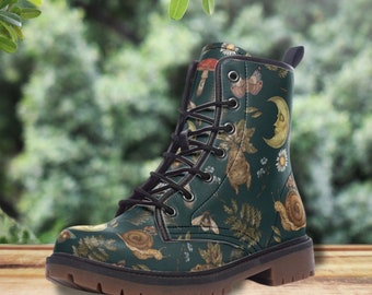 MAGICAL WOODLAND MANDRAGORA Mushroom Fly Agaric Snail Vintage Moon Bee Fern Daisy Goblincore Faux Leather Combat Boots