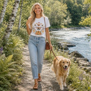 May include: A white short-sleeved t-shirt featuring a colorful graphic print of butterflies, moths, and wildflowers on the chest, paired with light blue denim jeans and brown leather sandals, worn with a brown leather crossbody bag.