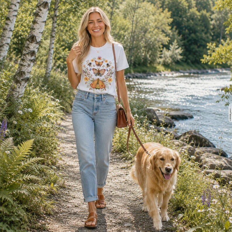 May include: A white short-sleeved t-shirt featuring a colorful graphic print of butterflies, moths, and wildflowers on the chest, paired with light blue denim jeans and brown leather sandals, worn with a brown leather crossbody bag.