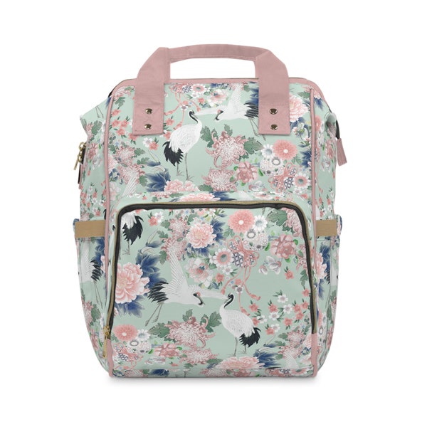 Floral Crane bird Chinoiserie Diaper Backpack, Bohemian Garden Waterproof Backpack, Cottagecore Multipurpose Backpack, Picnic Bag, Weekender