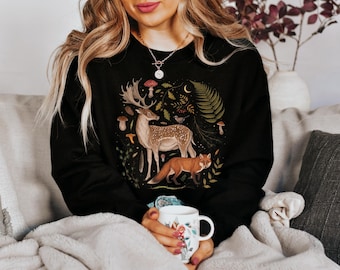 Dark Woodland Animals Sweatshirt, Deer Fox Mushroom Sweater, Mystical Forestcore Witchy Aesthetic, Nature Lover Gift, Cozy Fall Pullover