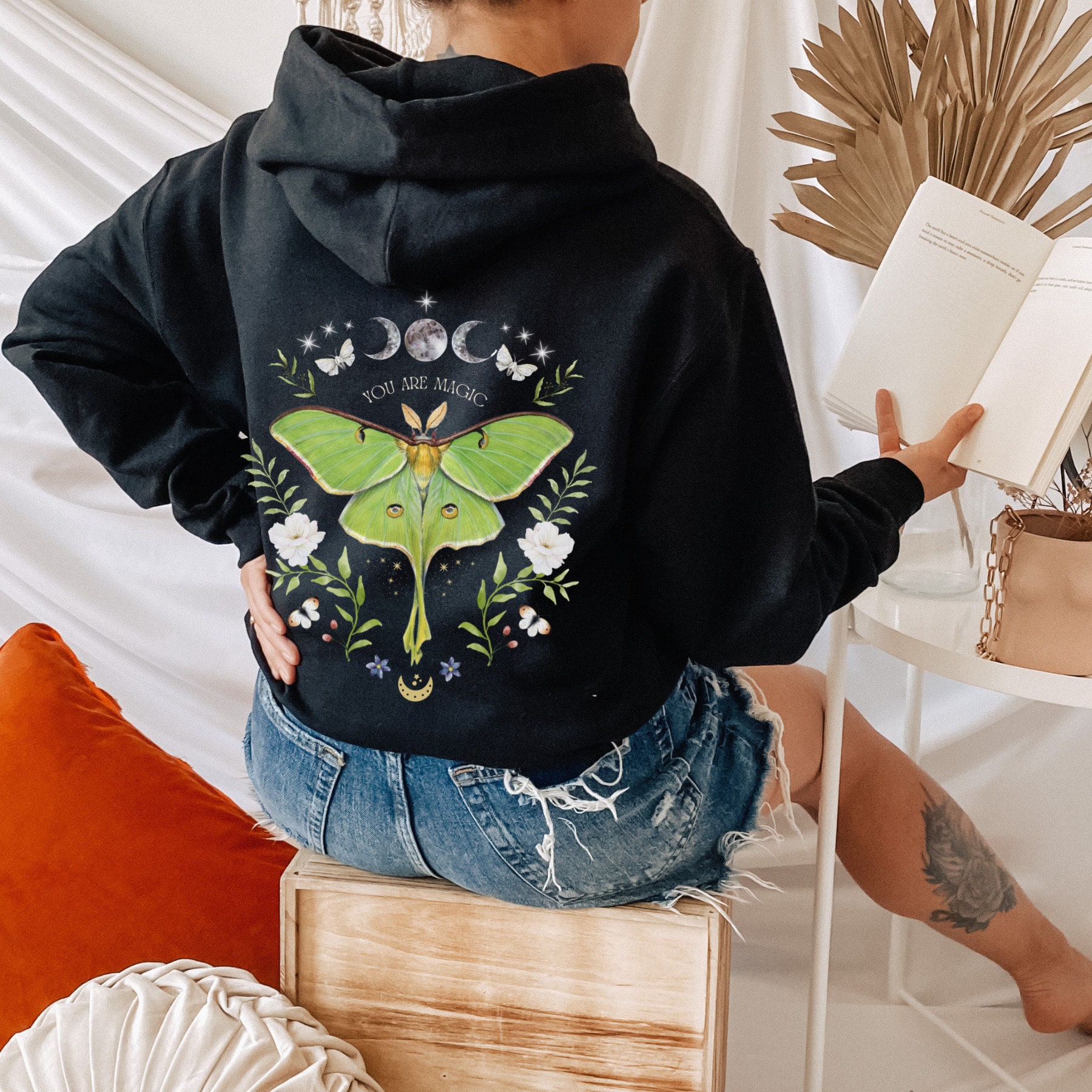 GREEN LUNA MOTH & Flowers Celestial Hoodie, You Are Magic Floral 